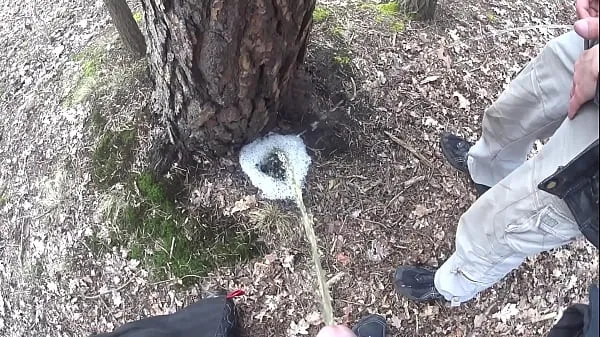 XXX Jungen, die zusammen eine große schaumige Pfütze an einem Baum pissen clips Clips